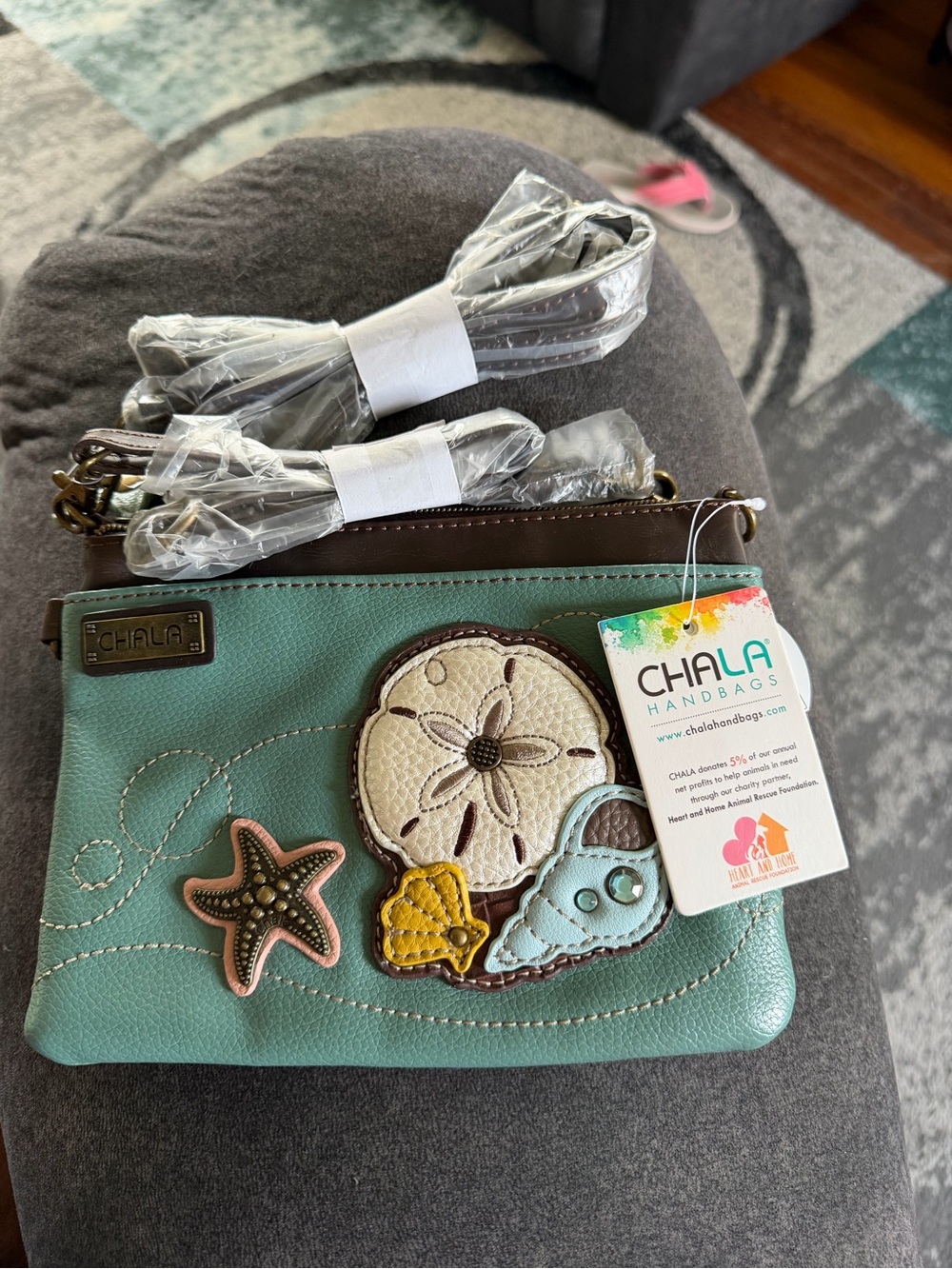 Chala Teal Sea Motif Crossbody Bag with Brown Trim